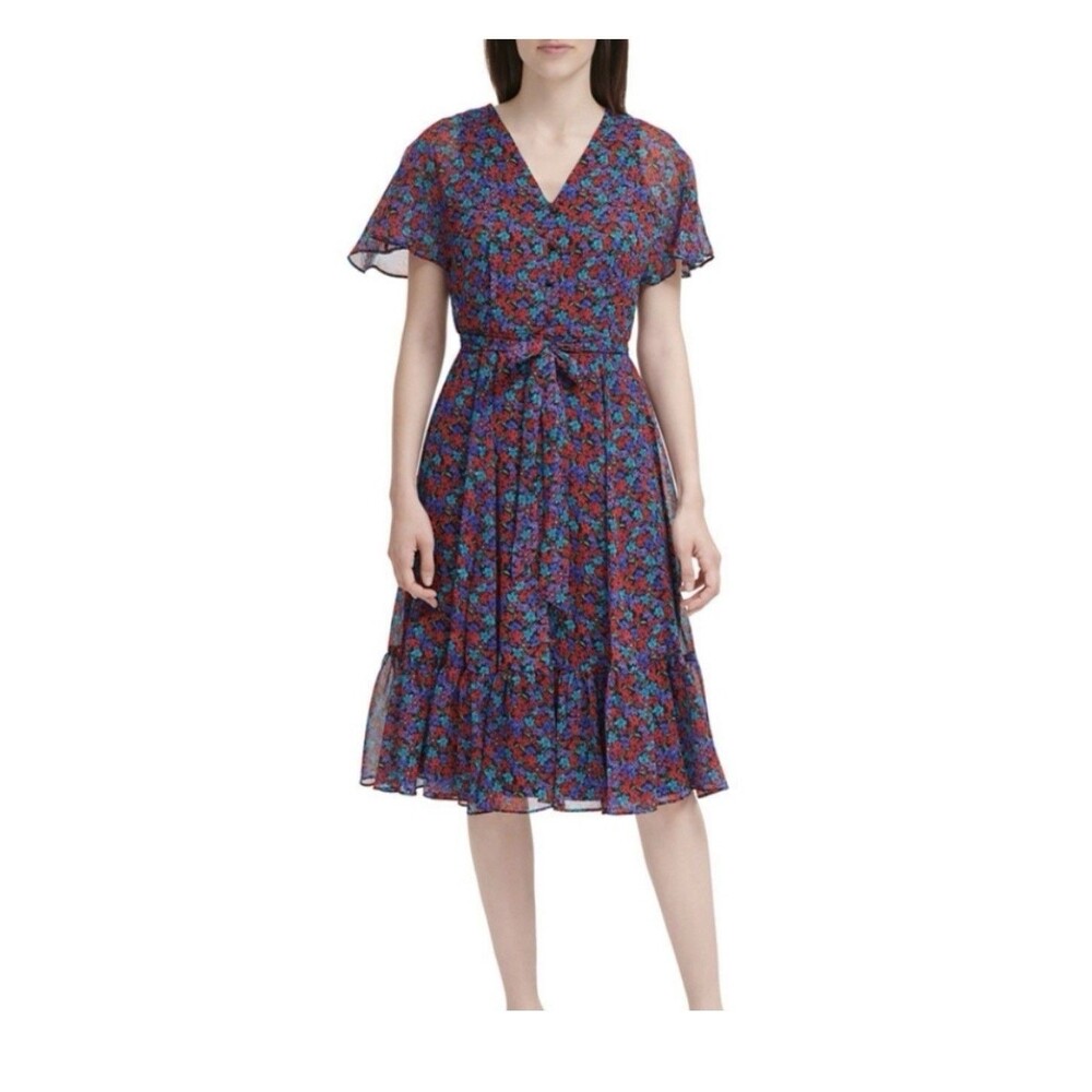 Calvin Klein Dress SZ 8 M Flare Garden Red Chiffon Floral Cottage Flowy Romantic